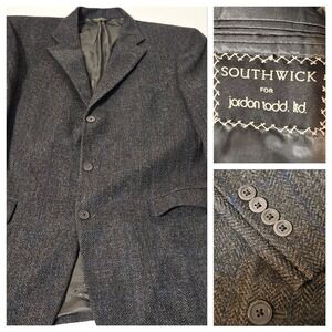 VTG Southwick 46 Wool Brown Blue Pinstripe Tweed Suit Blazer Sport Coat USA